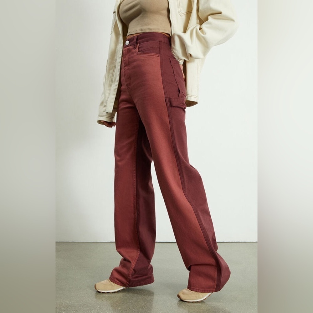 Maroon Burgundy High Rise wide leg baggy Flare Carpenter Jeans Pants twotoned 24 - Picture 2 of 11